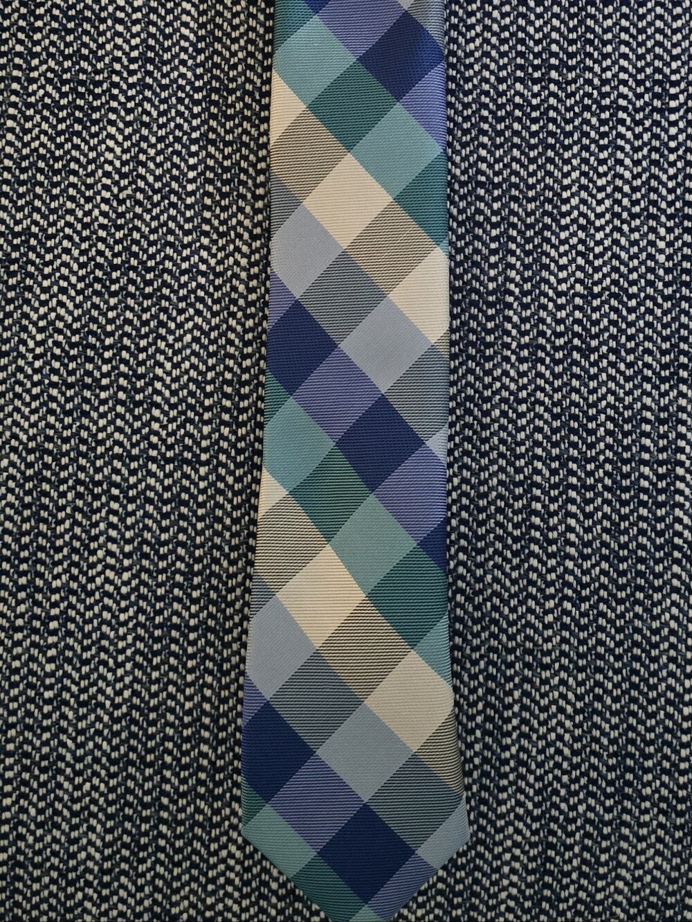 Tommy Hilfiger Navy, Teal and Light Blue Plaid Tie